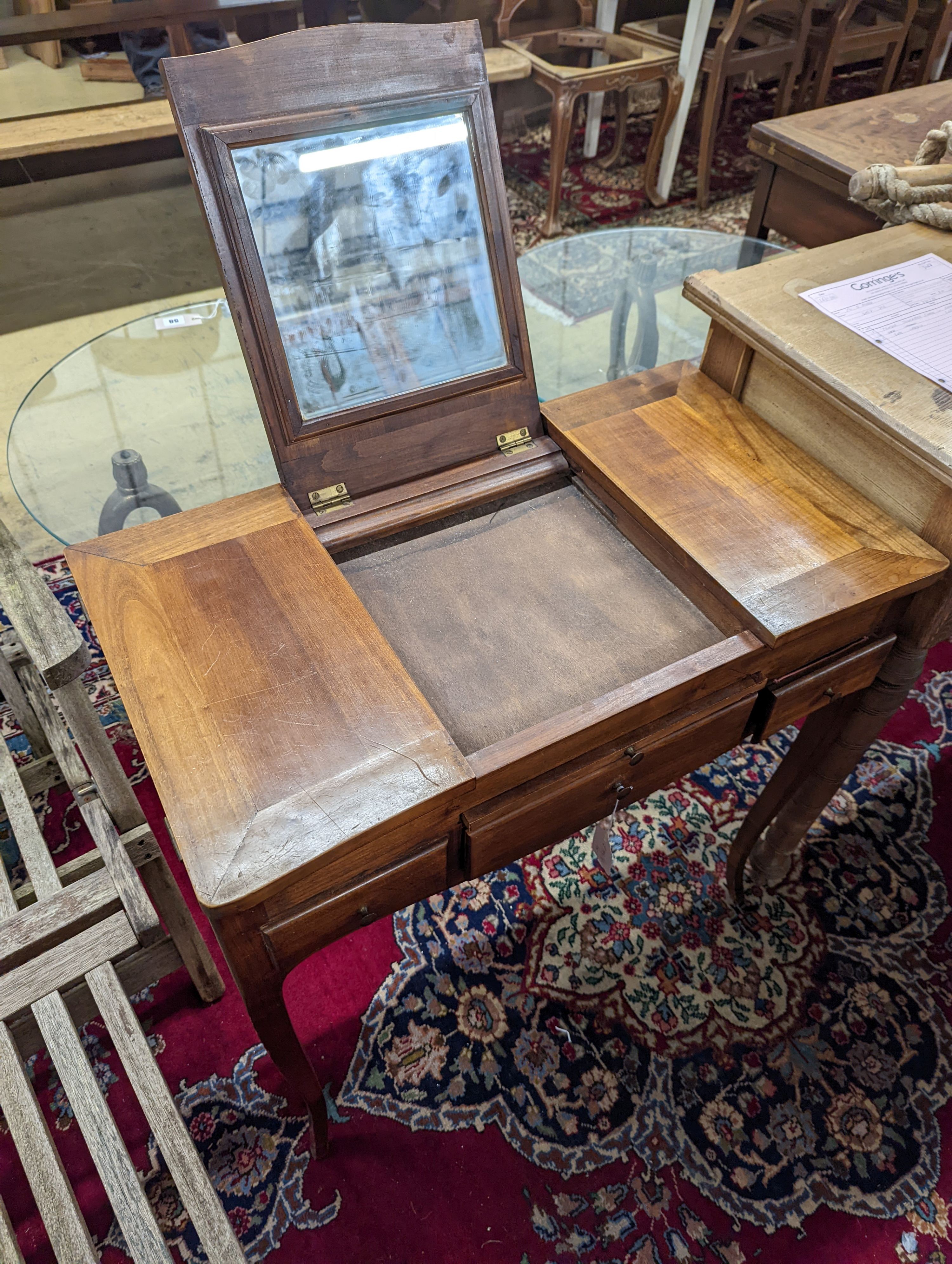 A Louis XV style walnut poudreuse. W-73cm, D-41cm, H-73cm.